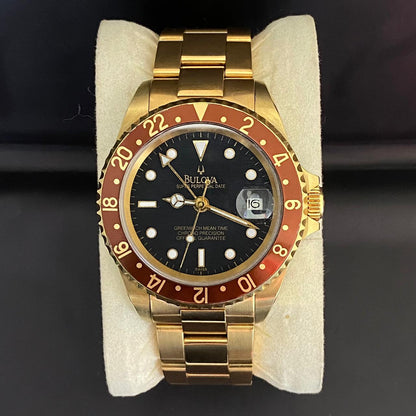 RARE Bulova Perpetual Date GMT Rootbeer Dial Automatic Gold 1990's Vintage Watch