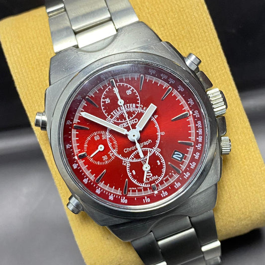 Rare Seiko SUS Telemeter Chronograph Red Dial Quartz 7T32-9000 Watch Vintage Men