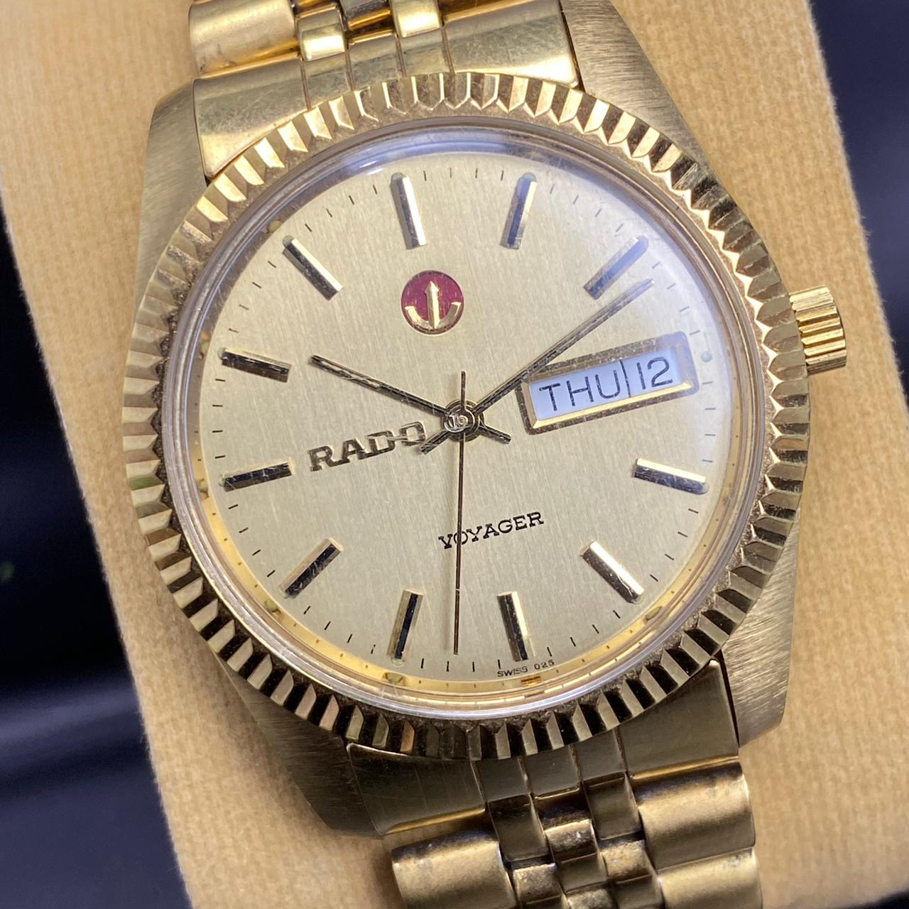 RARE Rado Voyager Automatic ETA Swiss Watch Day Date Full Gold 90s Vintage Men