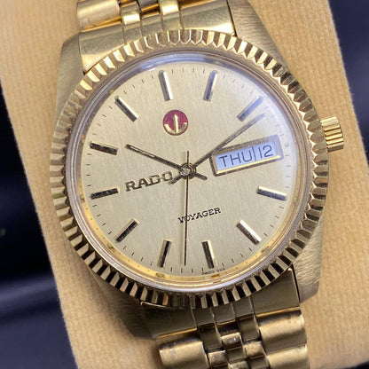RARE Rado Voyager Automatic ETA Swiss Watch Day Date Full Gold 90s Vintage Men