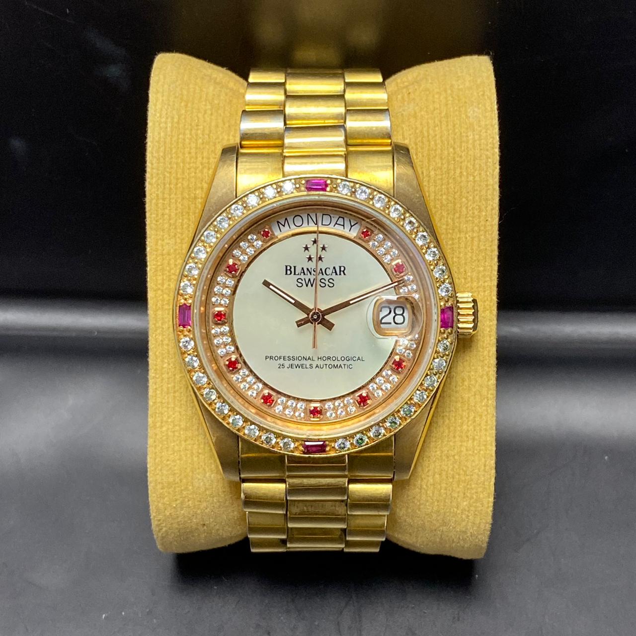 Rare Blansacar President Gold Dial Automatic 2834-8233 ETA Swiss Diamond Watch
