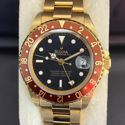 RARE Bulova Perpetual Date GMT Rootbeer Dial Automatic Gold 1990's Vintage Watch