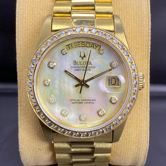 Rare Bulova President Chronoprecision Day Date MOP Dial Automatic Gold Diamond