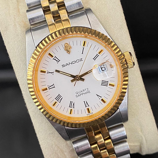 RARE Sandoz Quartz TwoTone Sapphire White Dial Roman Date Swiss Watch Men 90's