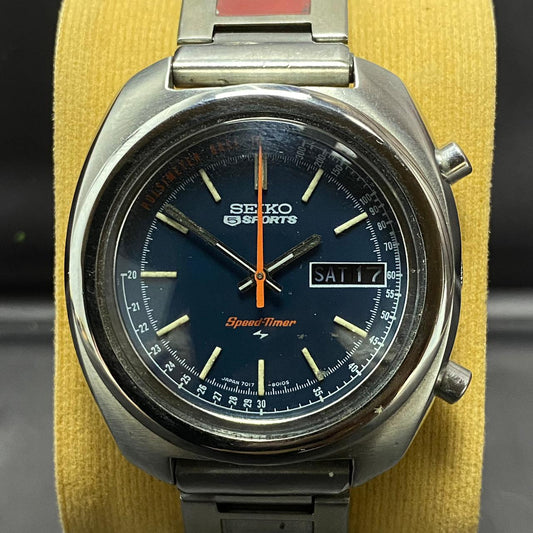 RARE Seiko 5 Sports Flyback Speed Timer Blue Dial Automatic 7017-8000 Watch Men