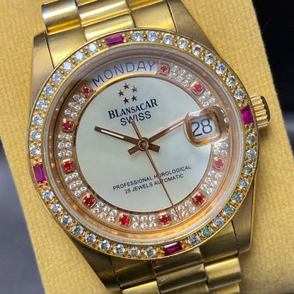 Rare Blansacar President Gold Dial Automatic 2834-8233 ETA Swiss Diamond Watch