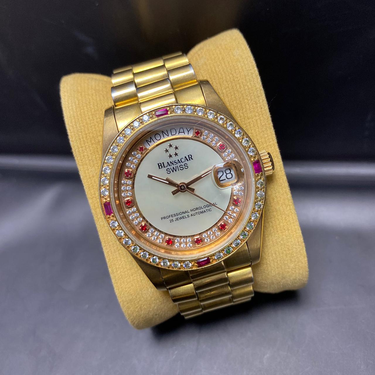 Rare Blansacar President Gold Dial Automatic 2834-8233 ETA Swiss Diamond Watch