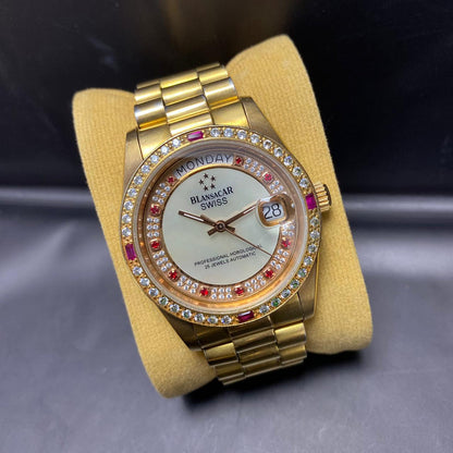 Rare Blansacar President Gold Dial Automatic 2834-8233 ETA Swiss Diamond Watch