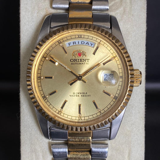 Rare Orient President Automatic 46E001-90 Gold Dial Baton Two Tone 1990s Watch