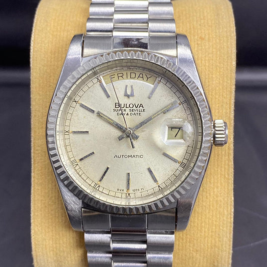 Rare Bulova President Super Seville Day Date Automatic Silver Vintage Watch Men