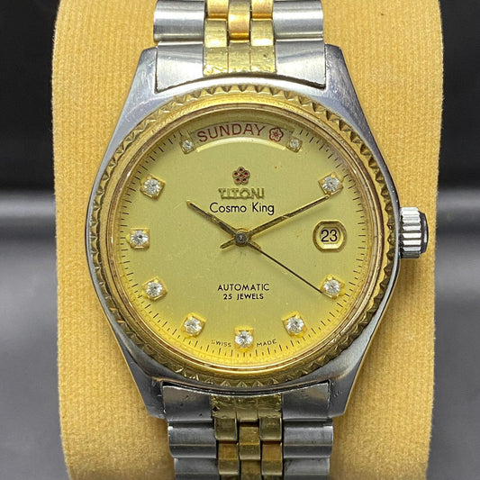 Rare Titoni President Cosmo King Automatic Gold Dial Diamond Two Tone Watch Men