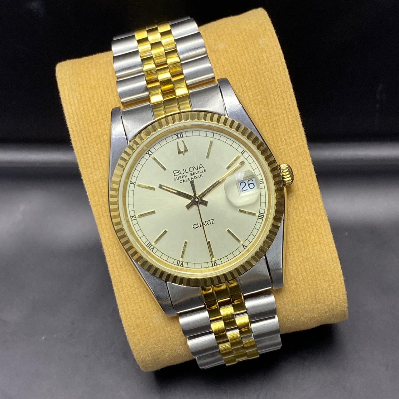 Rare Bulova Super Seville Calender Quartz Two Tone Gold Dial Vintage Watch Men