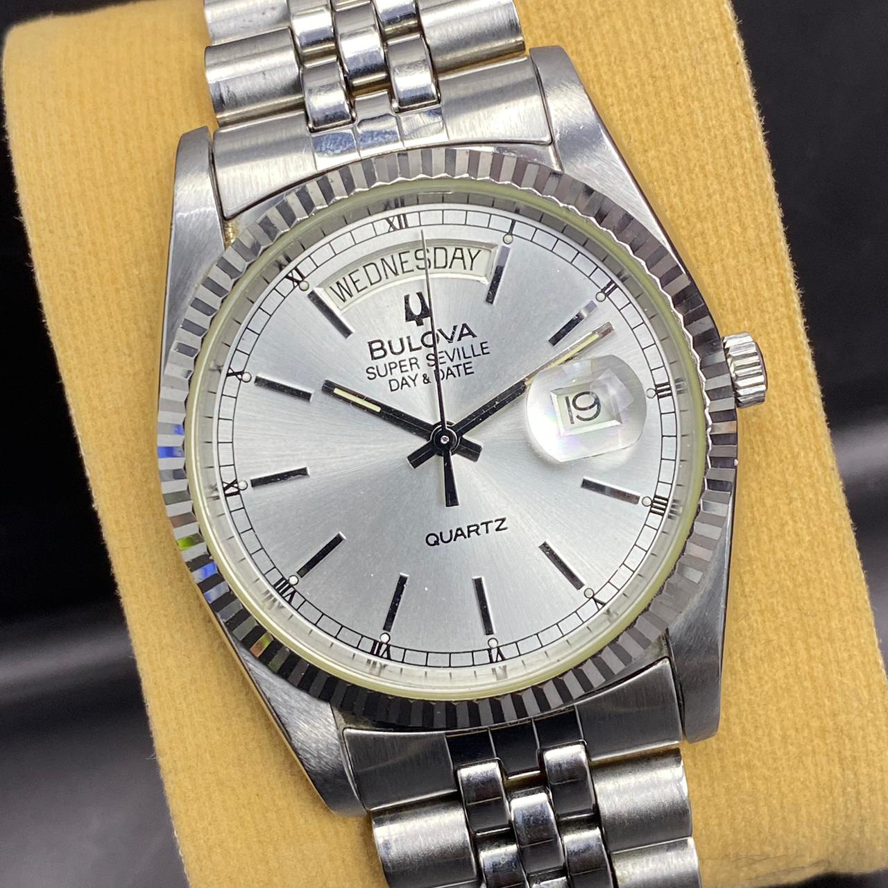 RARE Bulova President Super Seville DayDate Silver Dial Quartz Baton Swiss Watch