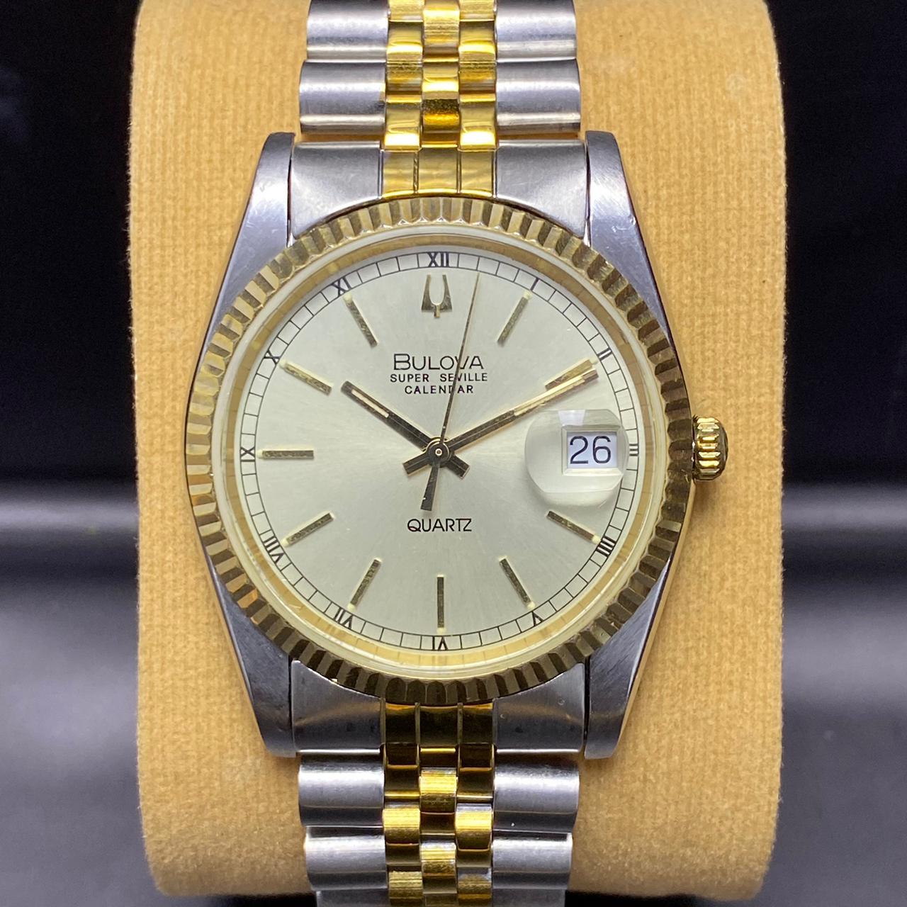 Rare Bulova Super Seville Calender Quartz Two Tone Gold Dial Vintage Watch Men