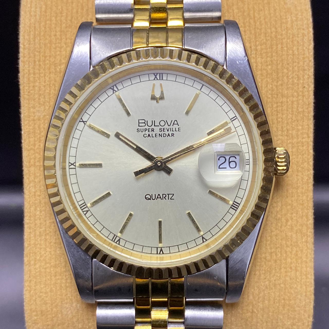 Rare Bulova Super Seville Calender Quartz Two Tone Gold Dial Vintage Watch Men
