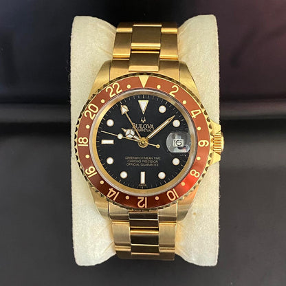 RARE Bulova Perpetual Date GMT Rootbeer Dial Automatic Gold 1990's Vintage Watch