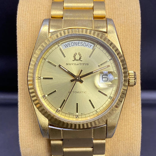 RARE Solvil et Titus President Automatic 66-2045-41 Gold Dial 1980s Swiss Watch