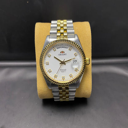 RARE Orient President Automatic EV0J-B0-B White Dial Diamond TwoTone 1990s Watch