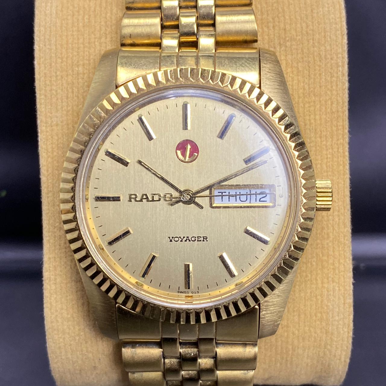 RARE Rado Voyager Automatic ETA Swiss Watch Day Date Full Gold 90s Vintage Men