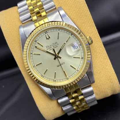 Rare Bulova Super Seville Calender Quartz Two Tone Gold Dial Vintage Watch Men