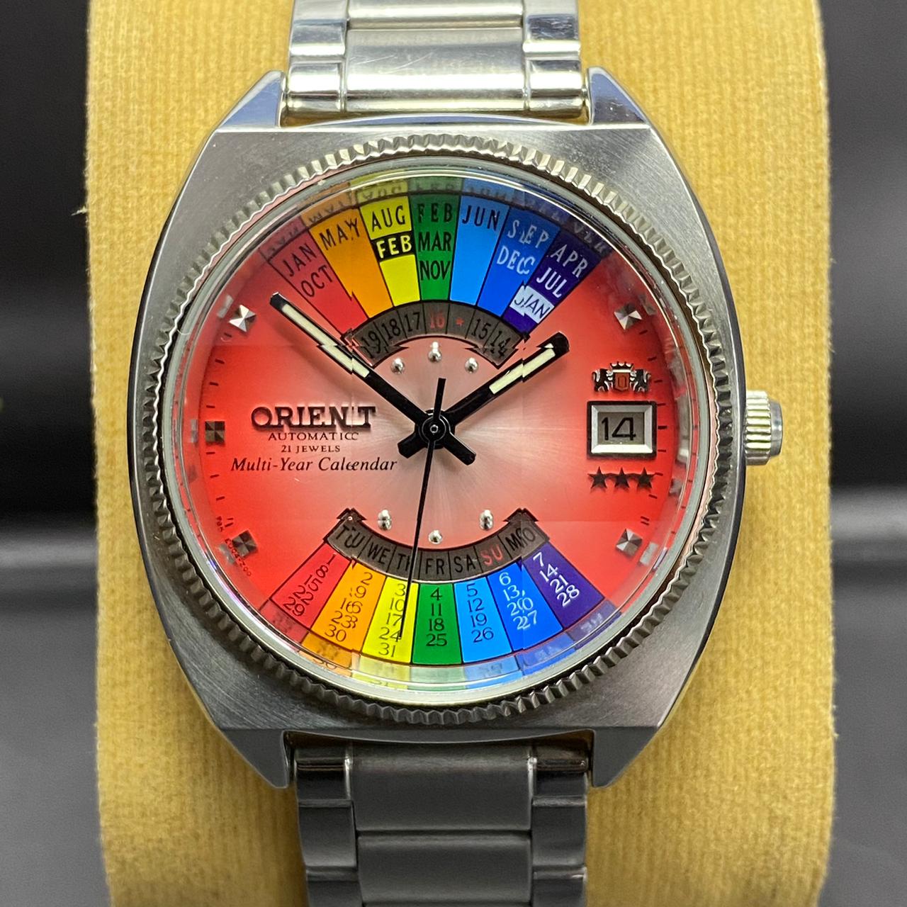 Rare Orient Multi year Calender Automatic EU04-00 Salmon Rainbow Dial Watch Men