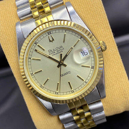 Rare Bulova Super Seville Calender Quartz Two Tone Gold Dial Vintage Watch Men