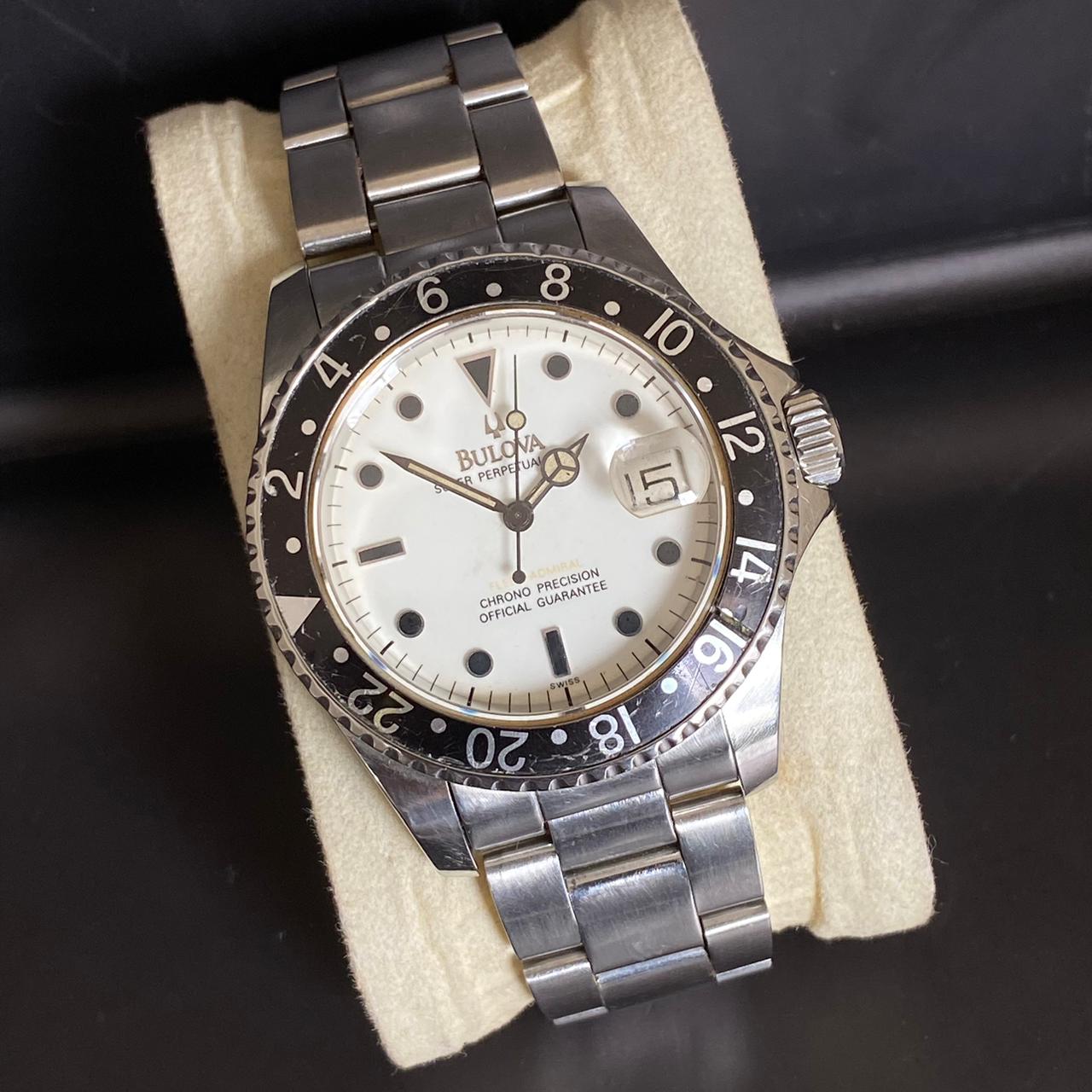 Rare Bulova Super Perpetual Date Automatic White Dial Black 1990s Swiss Watch