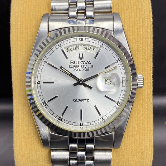 RARE Bulova President Super Seville DayDate Silver Dial Quartz Baton Swiss Watch