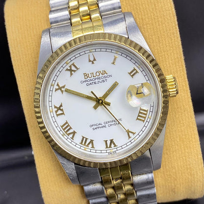RARE Bulova Chronoprecision Date Roman Index White Dial Automatic Two Tone Swiss