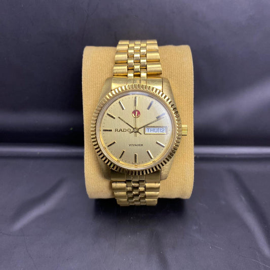 RARE Rado Voyager Automatic ETA Swiss Watch Day Date Full Gold 90s Vintage Men