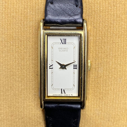 RARE Seiko Quartz Ladies Watch Gold Dial Roman Index Leather Fashion Classic