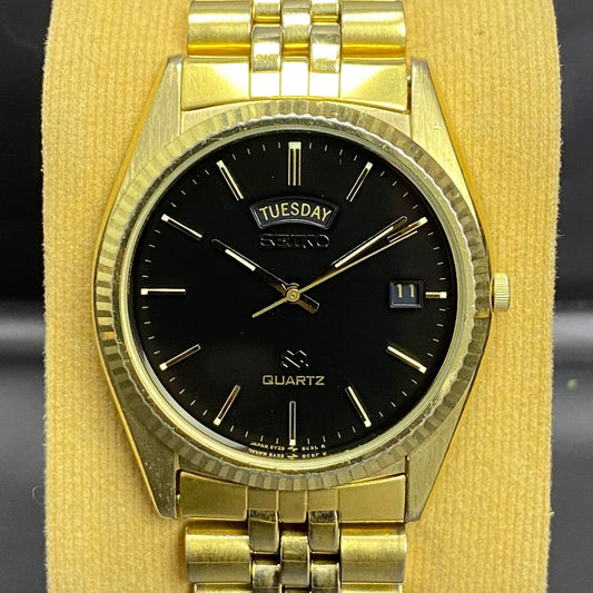 Rare Seiko President SQ Quartz 5Y23-8A69 Day Date Black Dial Gold Watch Vintage