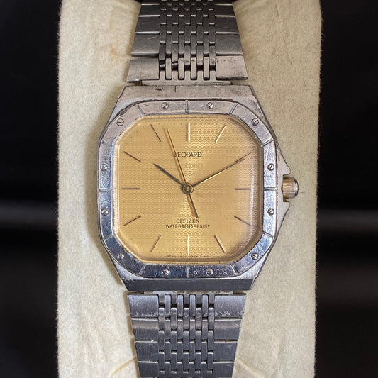 RARE Citizen Leopard Quartz 453617 Gold DIal From 1982s Square Baton Dress Watch