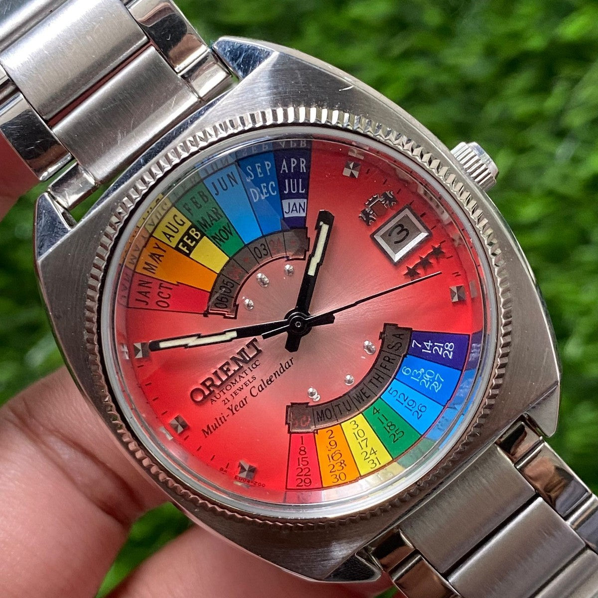 Rare Orient Multiyear Calender Automatic 21J Salmon Dial Rainbow Watch Men