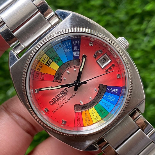 Rare Orient Multiyear Calender Automatic 21J Salmon Dial Rainbow Watch Men