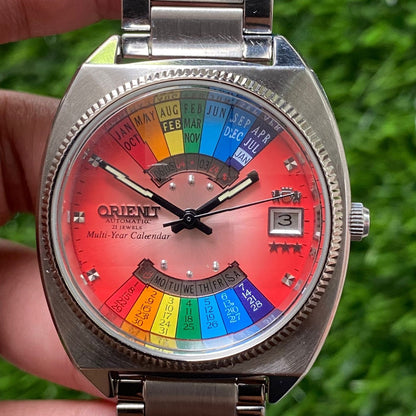 Rare Orient Multiyear Calender Automatic 21J Salmon Dial Rainbow Watch Men