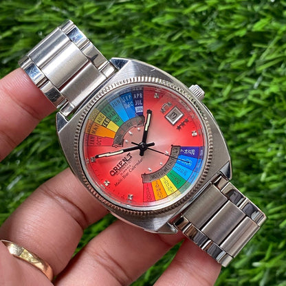 Rare Orient Multiyear Calender Automatic 21J Salmon Dial Rainbow Watch Men