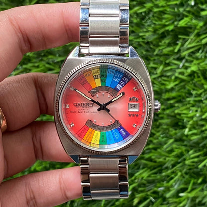 Rare Orient Multiyear Calender Automatic 21J Salmon Dial Rainbow Watch Men