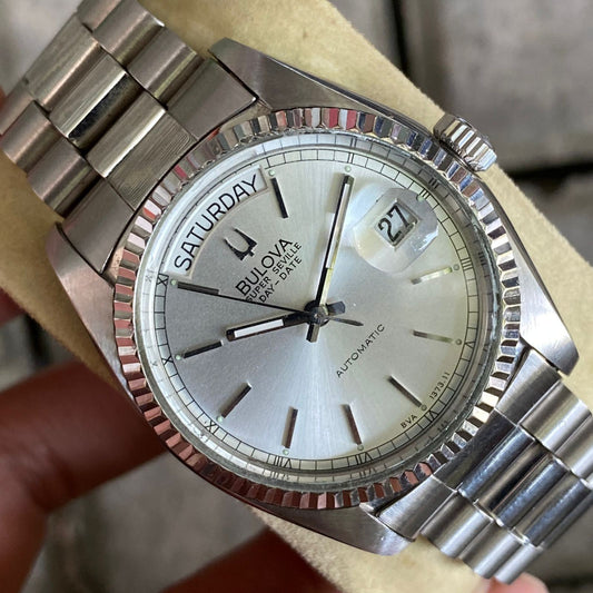 Rare Bulova President Super Seville Day Date Automatic Silver Vintage Watch Men