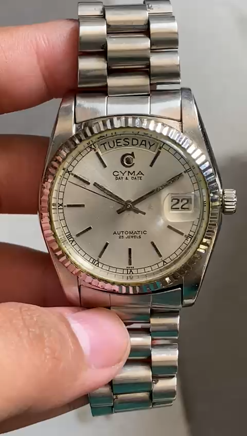Rare Cyma President Day Date Automatic Silver Dial 25 J Swiss Watch Vintage Men