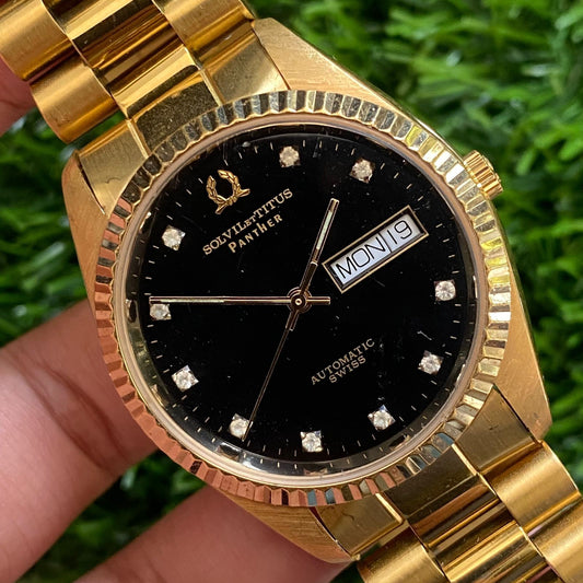 Rare Solvil et Titus Panther Automatic Day Date Index Diamond Black Dial Men