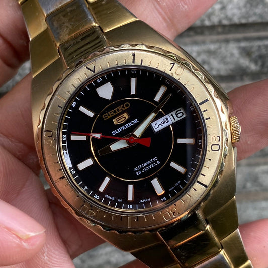 RARE Seiko 5 Superior Black Dial Automatic 7S36-01F0 Gold Vintage Men Watch