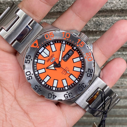 Rare Seiko 5 Sports SRP483K1 Baby Monster Orange Dial Automatic 24J Watch Men