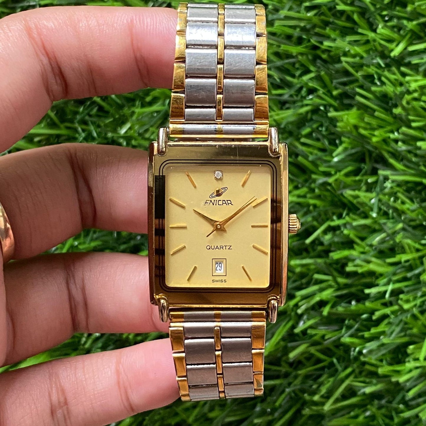Rare Enicar Tank Quartz Date Baton Two Tone Gold Dial Swiss Made Watch Dress