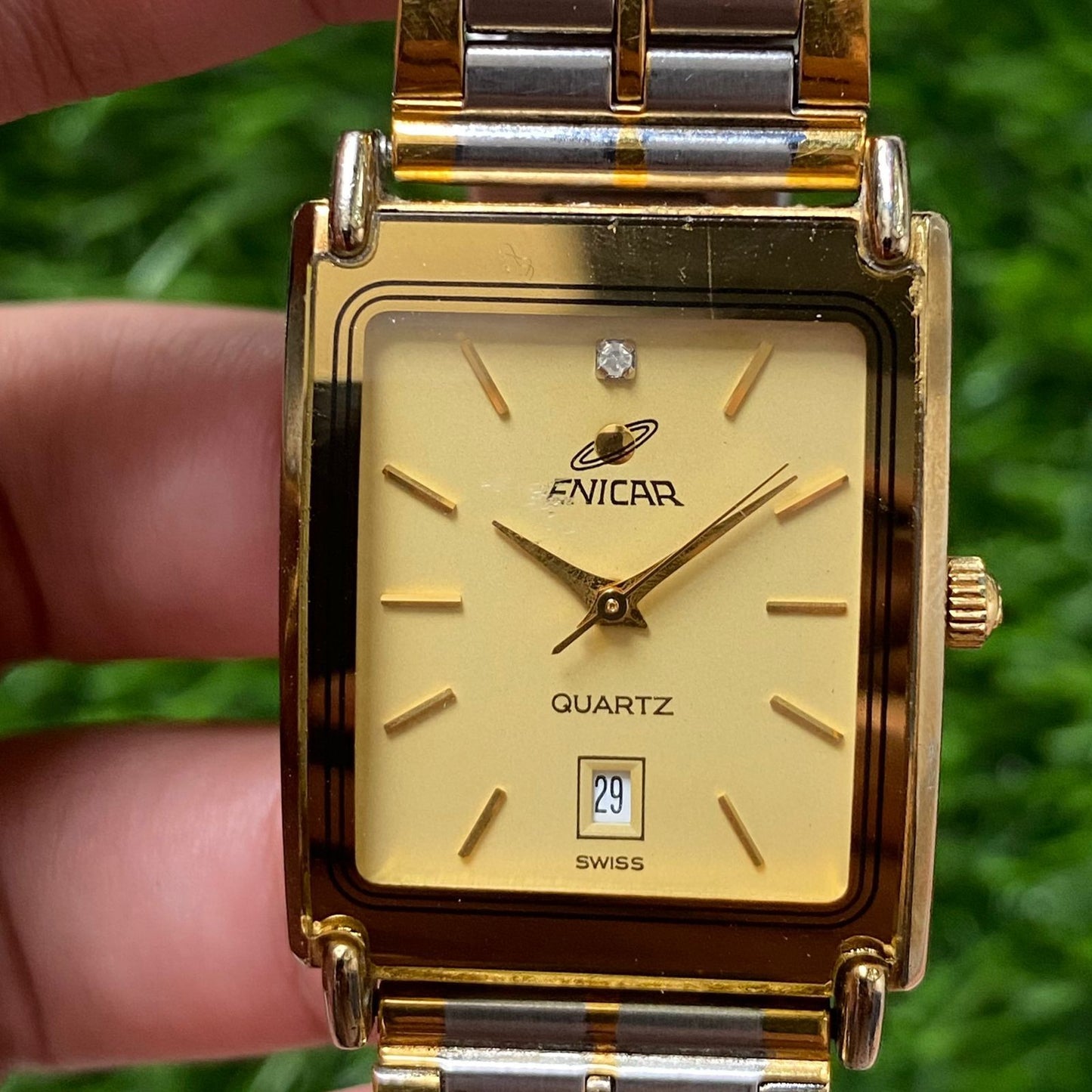Rare Enicar Tank Quartz Date Baton Two Tone Gold Dial Swiss Made Watch Dress
