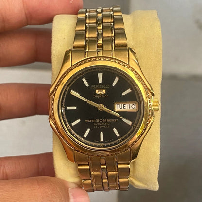 Rare Seiko 5 Superior SKZ058 Black Dial Automatic Gold Vintage Watch Men