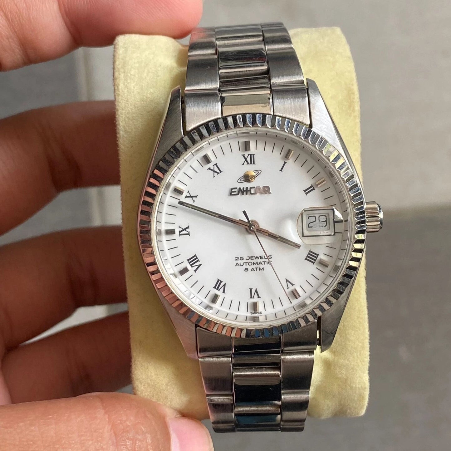 Rare Enicar Automatic White Dial Roman 25 Jewels Swiss Made Vintage Watch Men