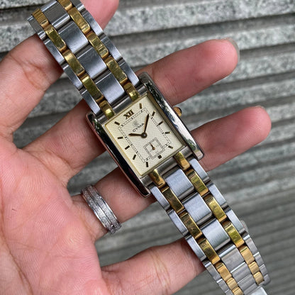 RARE Cyma Small Second Two Tone Square Swiss Made Quartz Vintage Watch