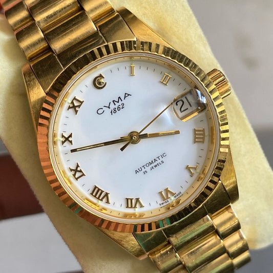 Rare Cyma Automatic Roman Index White Dial Gold Swiss Vintage Watch Boys Size