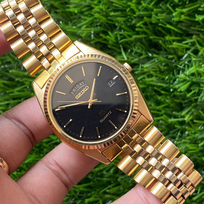 Rare Seiko Quartz SQ 5Y23-8A69 Black Dial Day Date Split Gold Vintage Watch Men
